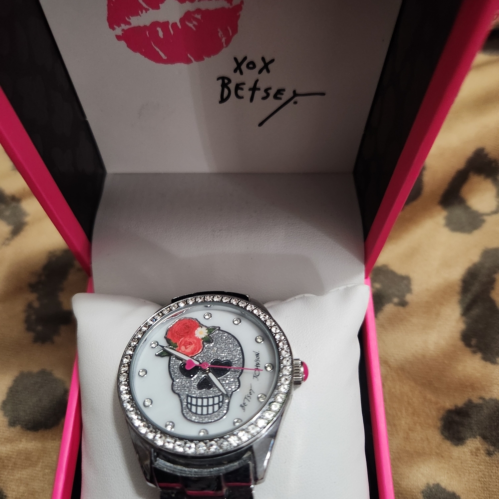 Betsey Johnson Skull Watch with Pink and Silver Accents